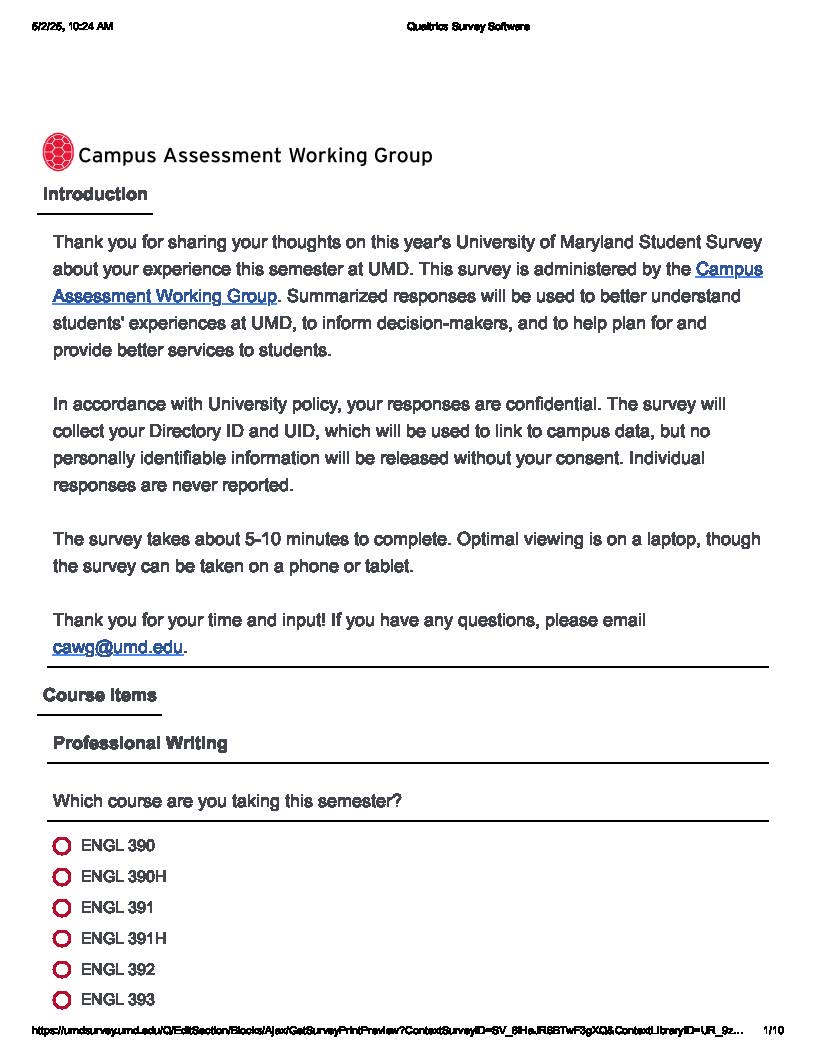 The first page of an example sample survey.