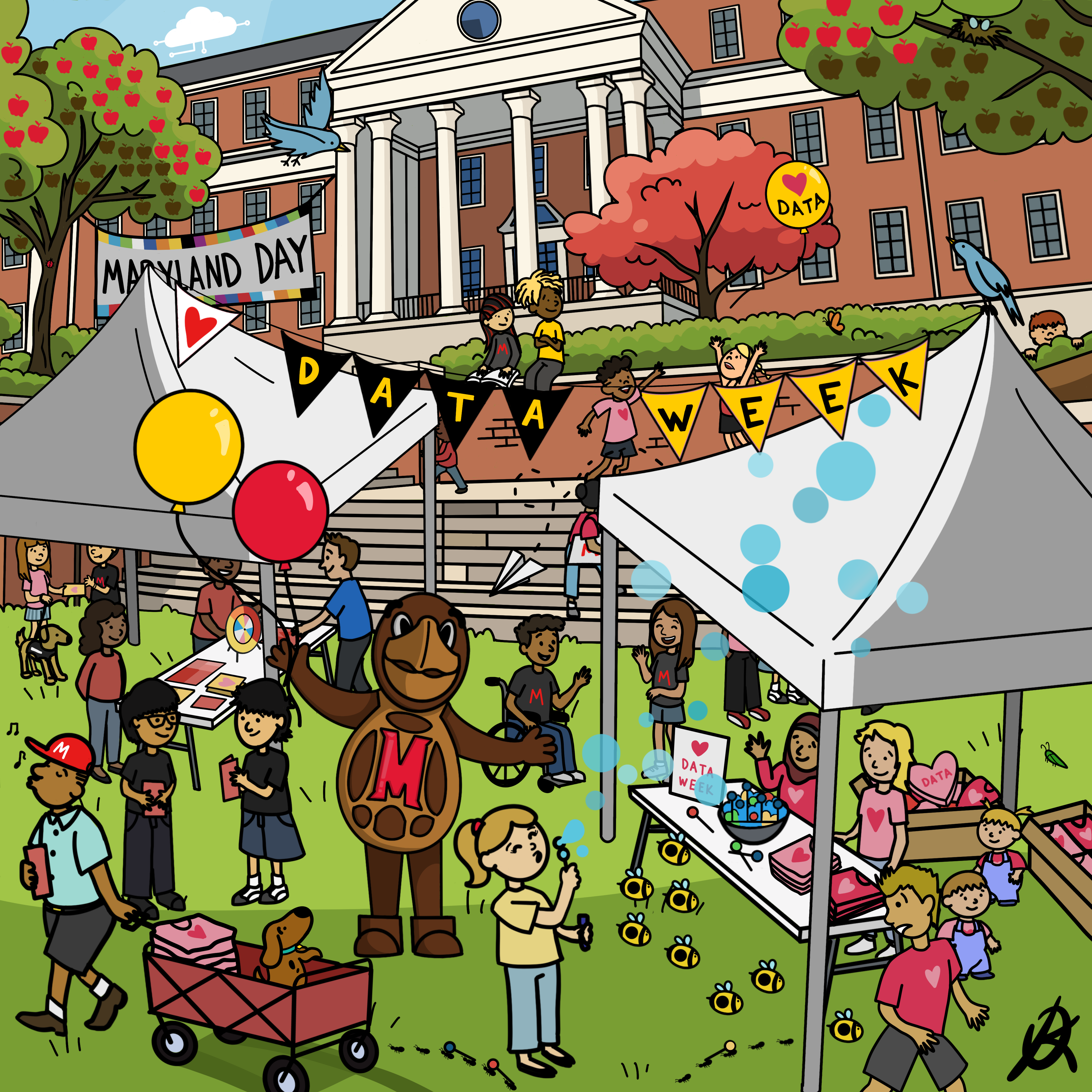 Scene of McKeldin Mall with data vizzes hidden among the drawing